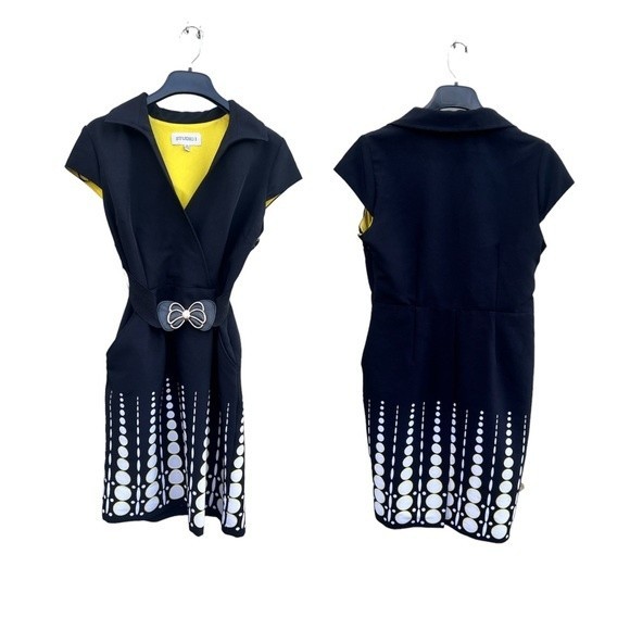 Studio I Black, White and Yellow Dress with Dots, Belt and pockets Size 14 - Picture 1 of 9